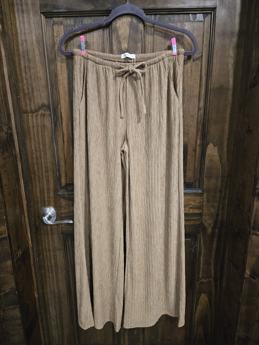 Wide Leg Ribbed Drawstring Pants - Tan